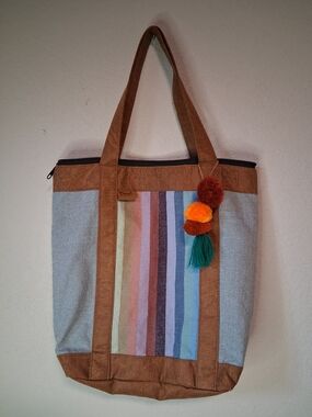 Earth Tone Boho Tote Bag Colorful Stripes Pom Pom Cloth Carry Bag Terra